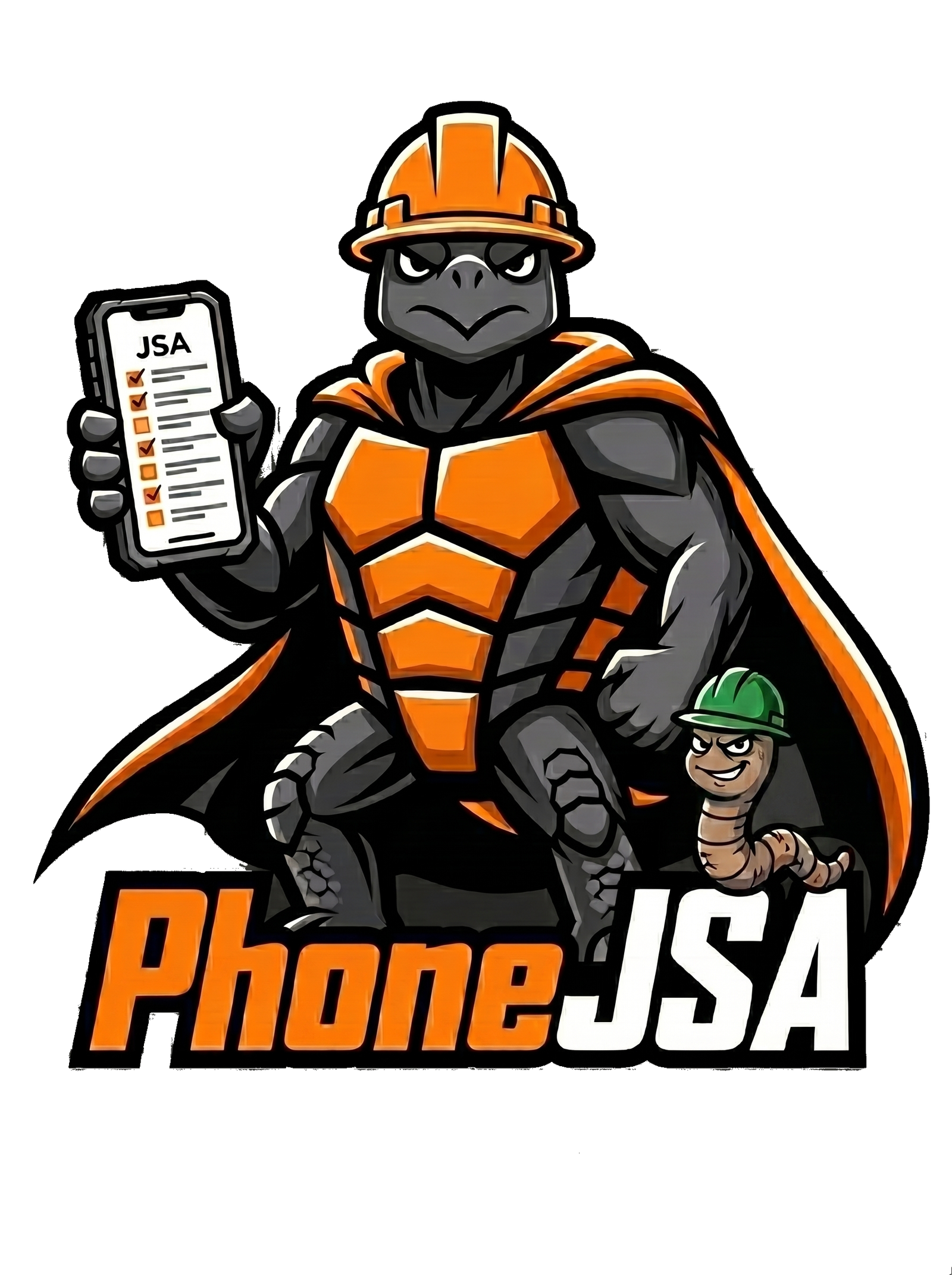 Hector — armored tortoise — and the Worm, his apprentice in a green hard hat. Wordmark: PhoneJSA.
